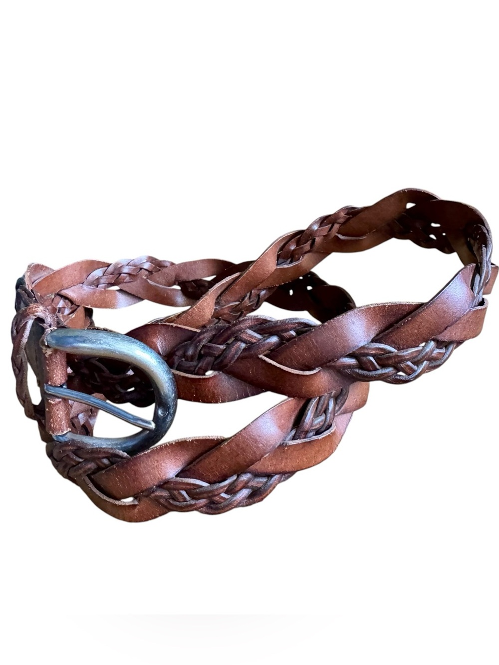 Vtg Brown Braided Leather Belt Sz L Silver Unisex Classic Western Boho